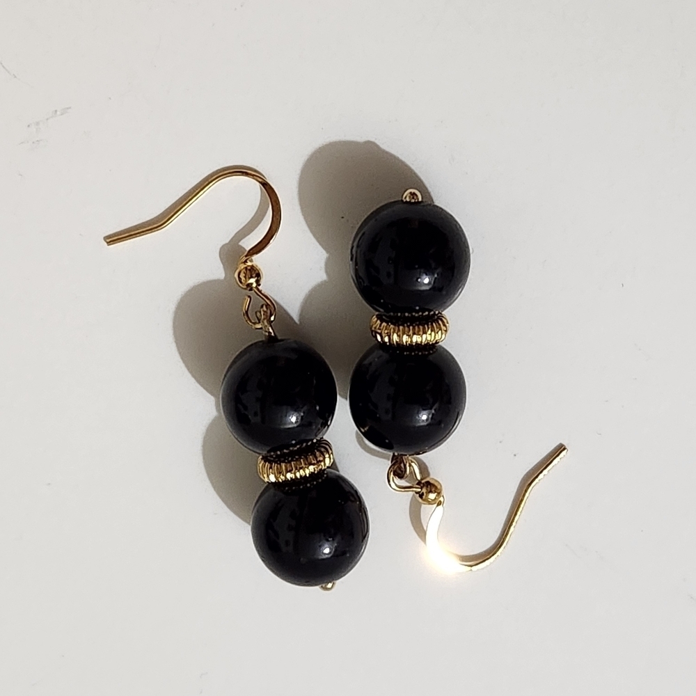 Hand Crafted Elegant Black and Gold Earrings Beaded Pierced